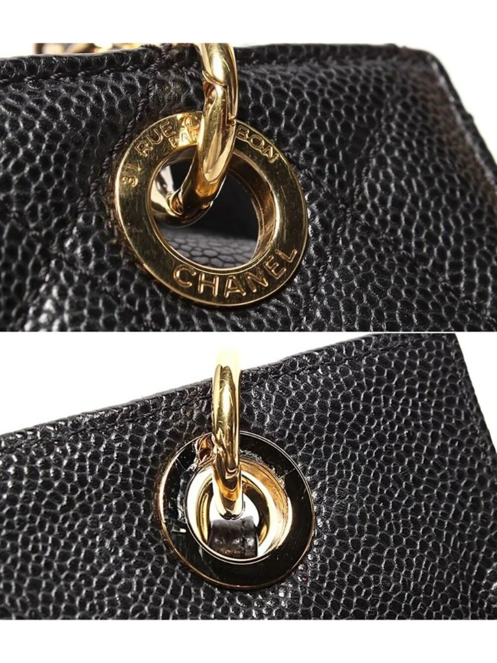 Chanel Chain Shoulder Bag Gold Quilted Caviar Leather Petit Timeless